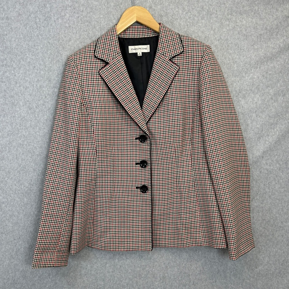 Evan Picone Blazer Red Black Houndstooth Piping Office Academic Womens Size 10